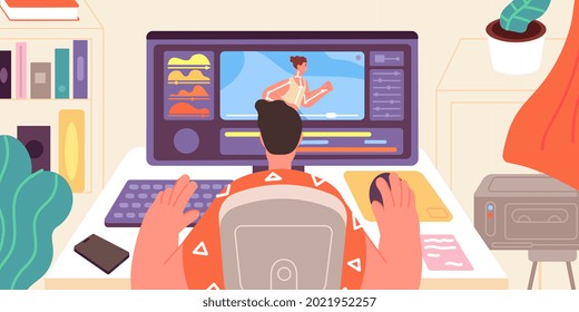 Animator at work. Artist animation games, motion model graphic. Designer works at computer in home office, video editor process utter vector concept