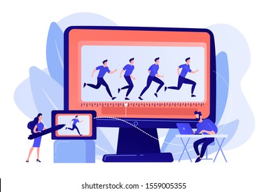 Animator working on character movement. Designing frames of walking. Computer animation, cartoon video creation, make your story alive concept. Pinkish coral bluevector isolated illustration