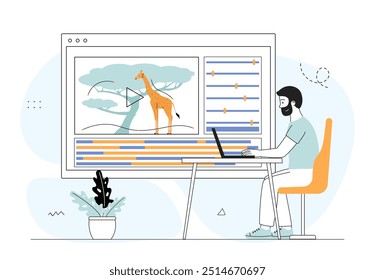 Animator at workplace. Man creates moving picture. Freelancer and web designer at work. Programmer at workplace. Motion graphic development. Linear vector illustration isolated on white background