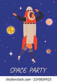 Animators Birthday Party In Cosmic Style. Theme Party In Costumes. Dancing People In Costumes Have Fun At Space Party. Characters In Self Made Outfits Surrounded By Cosmic Bodies, Space Disco Poster