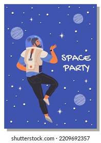 Animators Birthday Party In Cosmic Style. Theme Party In Costumes. Dancing People In Costumes Have Fun At Space Party. Characters In Self Made Outfits Surrounded By Cosmic Bodies, Space Disco Poster