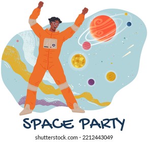 Animators Birthday Party In Cosmic Style. Theme Party In Costumes. Dancing People In Costumes Have Fun At Space Party. Characters In Self Made Outfits Surrounded By Cosmic Bodies, Space Disco Poster