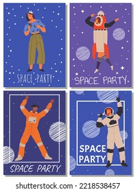 Animators birthday party in cosmic style. Theme party in costumes. Dancing people in costumes have fun at space party. Characters in self made outfits surrounded by cosmic bodies, space disco poster