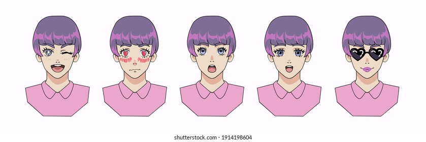 Anime avatar maker with set of different emotions. Cartoon female character template for animation or game design.