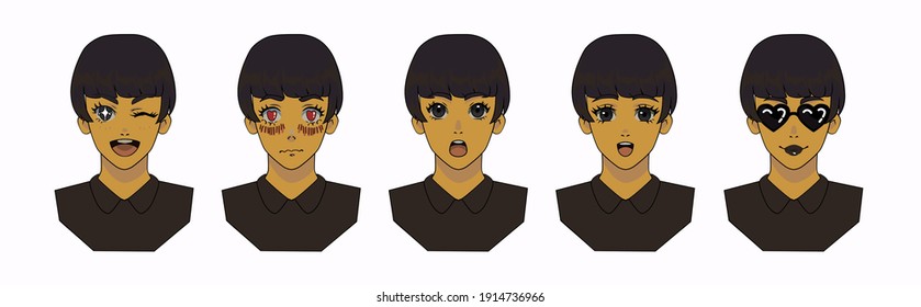 Un avatar animado con un conjunto de emociones diferentes. Plantilla de caricatura femenina para animación o diseño de juegos.