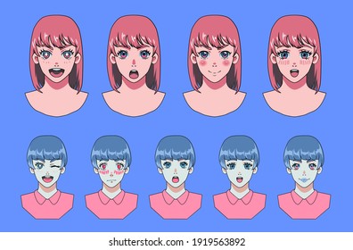 Anime avatar Macher mit verschiedenen Emotionen. Cartoon weibliche Charaktervorlage für Animation oder Spieldesign.