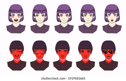 Anime avatar Macher mit verschiedenen Emotionen. Cartoon weibliche Charaktervorlage für Animation oder Spieldesign.