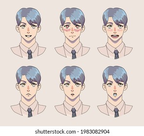 Anime avatar maker with set of different emotions. Cartoon male character template for animation or game design.