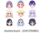 Anime avatars icons in the flat cartoon design. Images with different anime characters with unique features. Vector illustration.