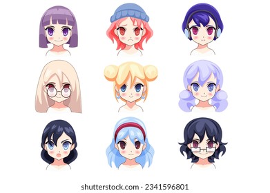 Anime avatars icons in the flat cartoon design. Images with different anime characters with unique features. Vector illustration.