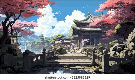 Anime background scene of ruins of asian temples, sakura trees, vector art, desolated, daylight