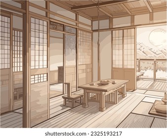 Anime background scene sketch of a traditional living room, vector illustration, sepia colors