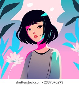 Anime Background with Young Woman with Flowers. Colorful Vector Illustration. Anime Character.