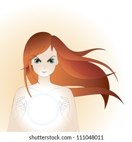 anime beautiful witch with a magic ball on an isolated background