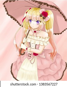 An anime blonde hair twin tail girl in pink 
dress holding umbrella.