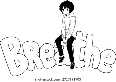 personagem menino de anime sentado em grande respirar texto tipografia minimalista manga estilo ilustração