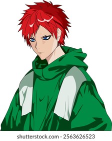 Anime boy in green hoodie red hair vector