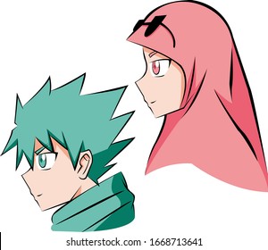anime boy and hijab girl vector illustration