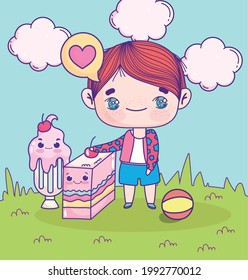anime boy kawaii food on grass