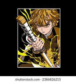 anime boy with lightning sword  illustration Vector graphic design for t-shirt