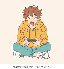 Anime boy showing excitement while playing video game. Seated with controller and open mouth. Yellow hoodie and teal pants. Bright and engaging cartoon illustration.