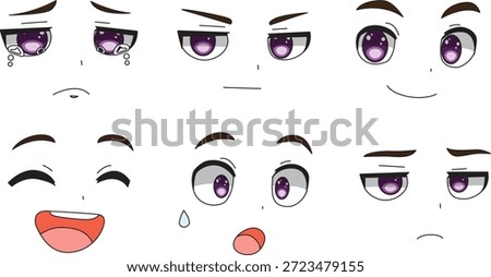 Anime Boy Side View Looks Facial Expressions Set of 6 Men Emotions Vector