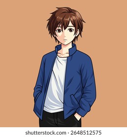 Anime boy is standing calmly wearing blue jacket and white shirt with his hands in pockets over plain background, suitable for digital art, manga, or cartoon illustration projects.