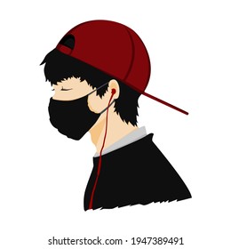 Ilustración vectorial de anime boy. Auriculares y máscara.