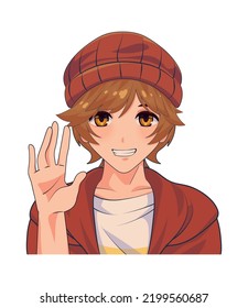 Anime Boy Waving Hand Isolated Icon