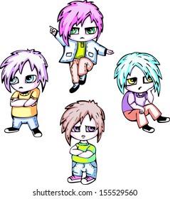 Anime boys. Set of color vector illustrations in style of Japanese anime.