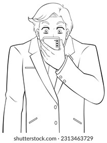 Anime businessman line art, looking at his smartphone with shocked facial expression.