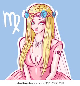 Caricatura animada de una chica rubia con ojos azules y collar de mariposa. El arte conceptual del signo de virgo con flores en el pelo y un vestido de novia rosa con velo. Vector astrológico y zodiaco.