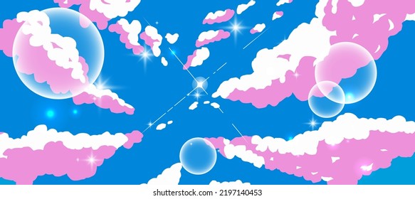 Anime cartoon blue sky with clouds and shiny sun glares.