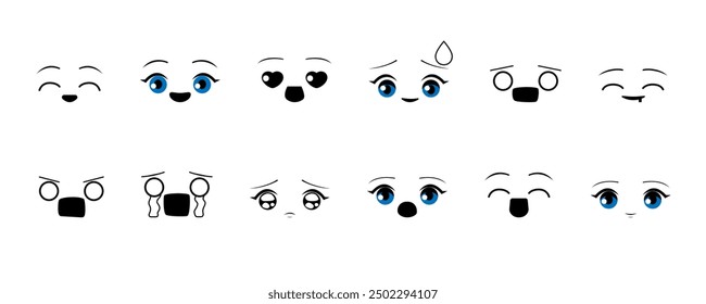 Anime cartoon emotion effects set. Manga facial expressions. Angry, happy, kawaii, scared anime face. Doodle stroke facial emotions. Stock vector illustration isolated on a white background.