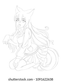 anime cartoon style. Cute fox girl. Vector illustration. Can be used for coloring book, or cards.