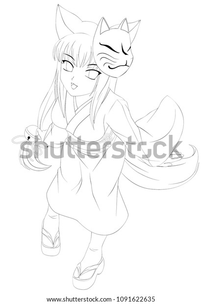 Anime Cartoon Style Cute Fox Girl Stock Vector Royalty Free 1091622635