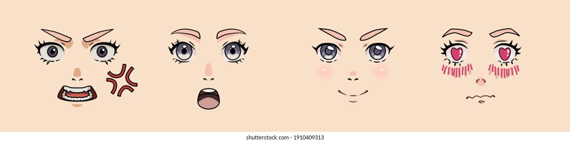 Anime Cartoon Style Mimicry, Facial Expressions. Different Eyes, Mouth, Eyebrows. Hand Drawn Vector Illustration.