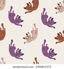 Anime cat seamless pattern. Vintage repeat vector illustration of colorful kawaii kittens. Classic cartoon style animal. Retro 90s aesthetics. Childish background.