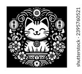 Anime cat silhouette, Japanese traditional lucky cat, black silhouettes cat, Maneki Neko. Black Japanese traditional lucky cat, graffiti, black lines , traditional . 