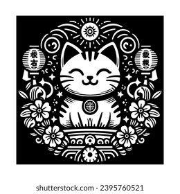 Anime cat silhouette, Japanese traditional lucky cat, black silhouettes cat, Maneki Neko. Black Japanese traditional lucky cat, graffiti, black lines , traditional . 