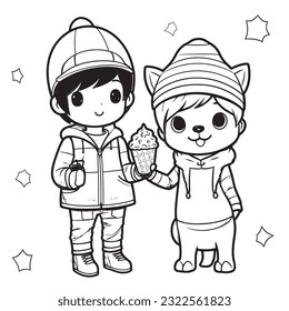 anime character ,Black and white coloring pages for kids, simple lines ,kawaii anime cute illustration drawing clip art character, vector  