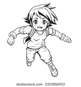 anime character ,Black and white coloring pages for kids, simple lines ,kawaii anime cute illustration drawing clip art character, vector  