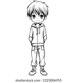 anime character ,Black and white coloring pages for kids, simple lines ,kawaii anime cute illustration drawing clip art character, vector  
