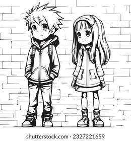 anime character ,Black and white coloring pages for kids, simple lines ,kawaii anime cute illustration drawing clip art character, vector  