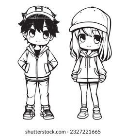 anime character ,Black and white coloring pages for kids, simple lines ,kawaii anime cute illustration drawing clip art character, vector  