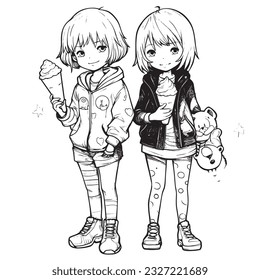 anime character ,Black and white coloring pages for kids, simple lines ,kawaii anime cute illustration drawing clip art character, vector  