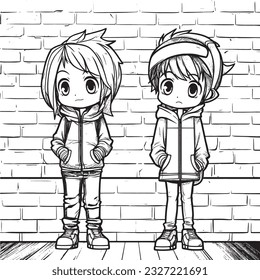 anime character ,Black and white coloring pages for kids, simple lines ,kawaii anime cute illustration drawing clip art character, vector  