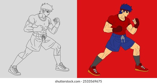 Anime character boy boxing training hand drawing vector illustration