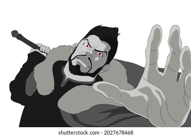 Anime character from cartoon with red eyes and sword on black and white background. Vector illustration for manga