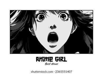 Anime Character in Fear: A Detailed Close-Up of a Surprised Asian Female Face, Illustrated in Black and White Manga Style
